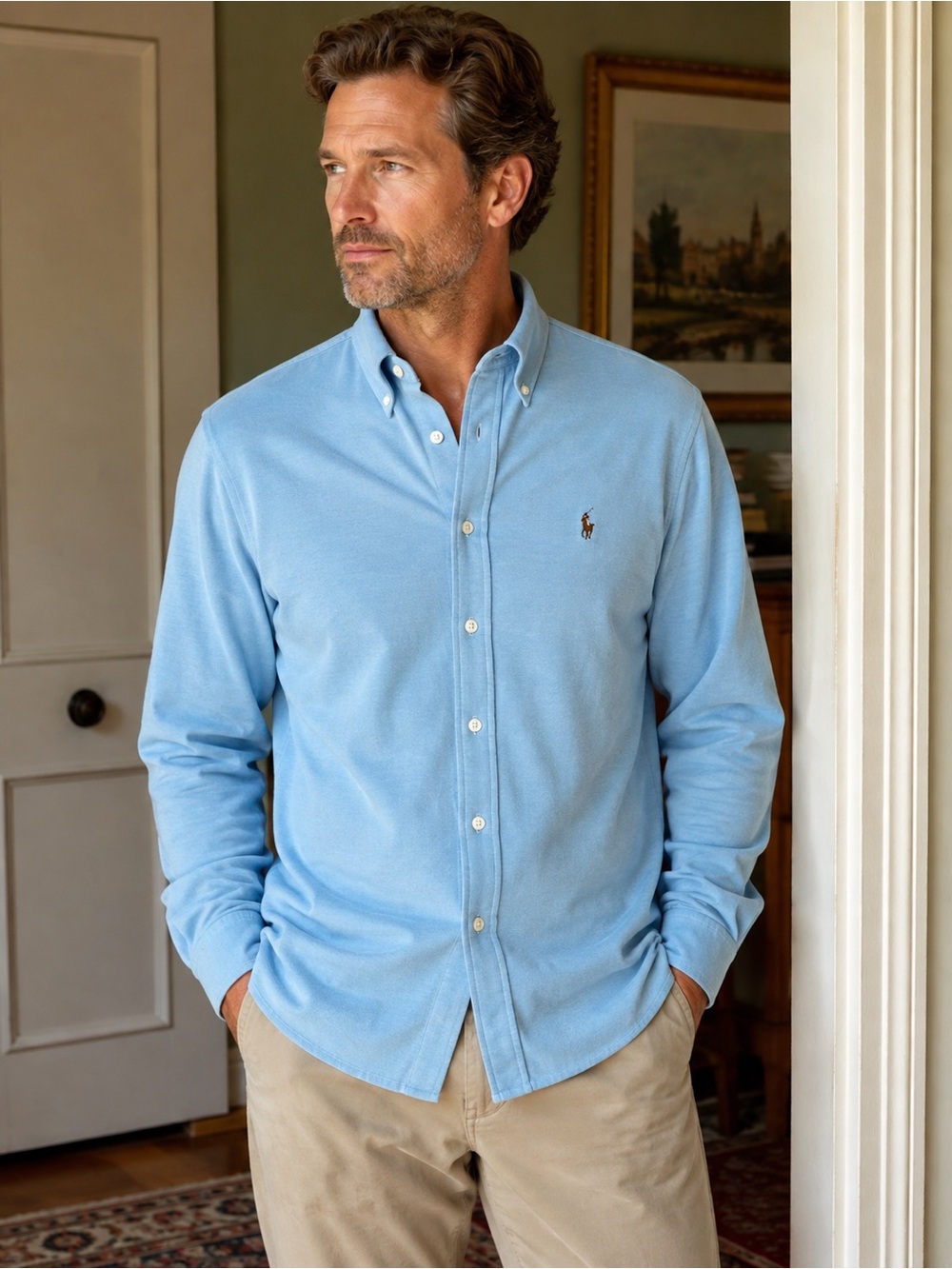 Ralph Lauren Knit Oxford Shirt Mens Blue Button Down Pony Long Sleeve Size L EUC